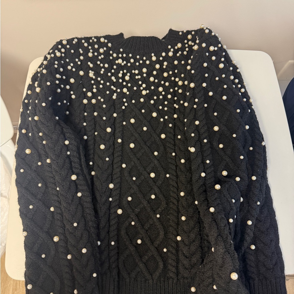 English Factory Black Pearl-Detail Knit Sweater Size Small